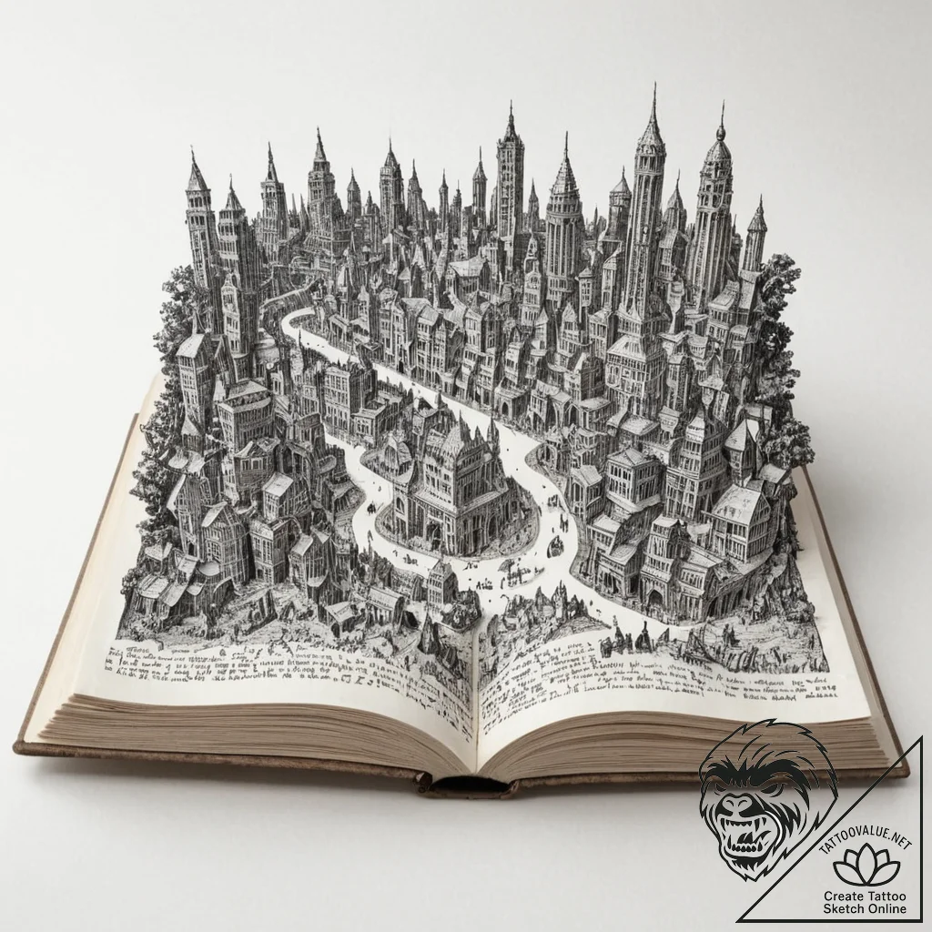 Tattoo sketch, hidden city in a book, an open... - tattoo sketch (№1752478121_0, 14.07.2025 07:28) — tattoovalue.net