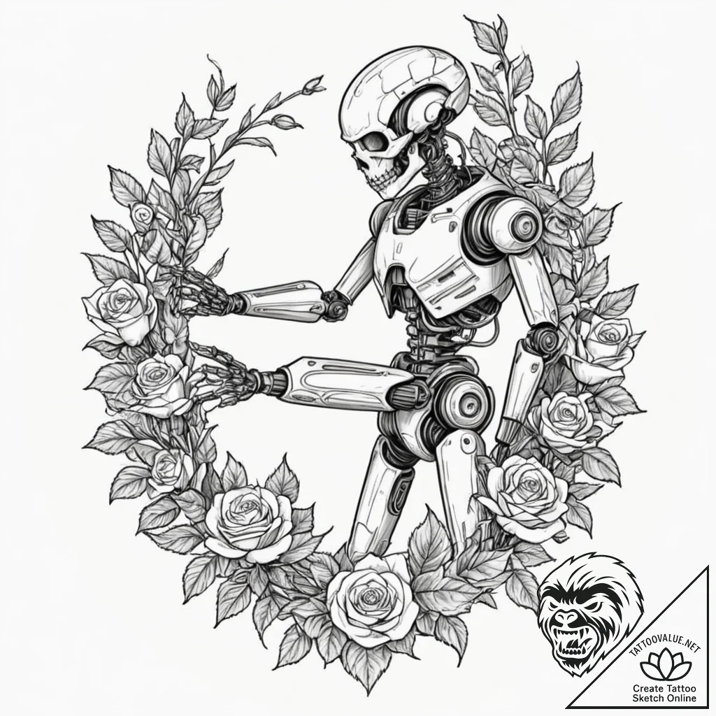Tattoo sketch, cyber-gardener: a figure with... - tattoo sketch (№1752478958_0, 14.07.2025 07:42) — tattoovalue.net