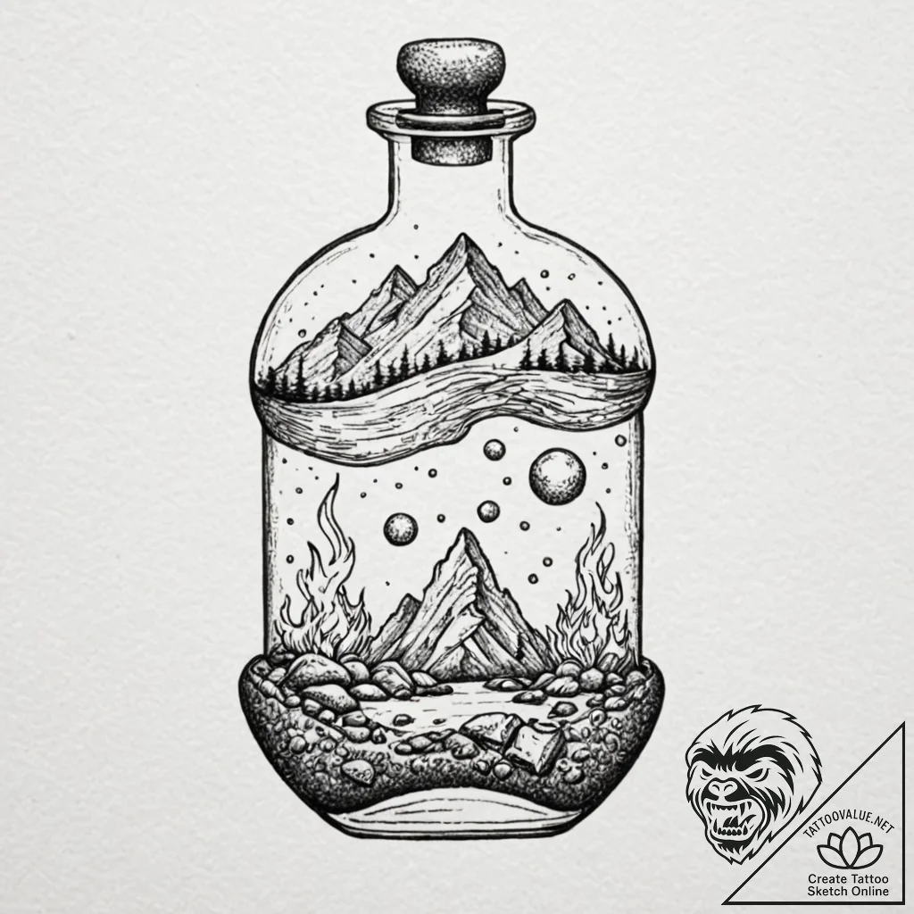 Tattoo sketch, four elements in a flask, a si... - tattoo sketch (№1752479042_0, 14.07.2025 07:44) — tattoovalue.net