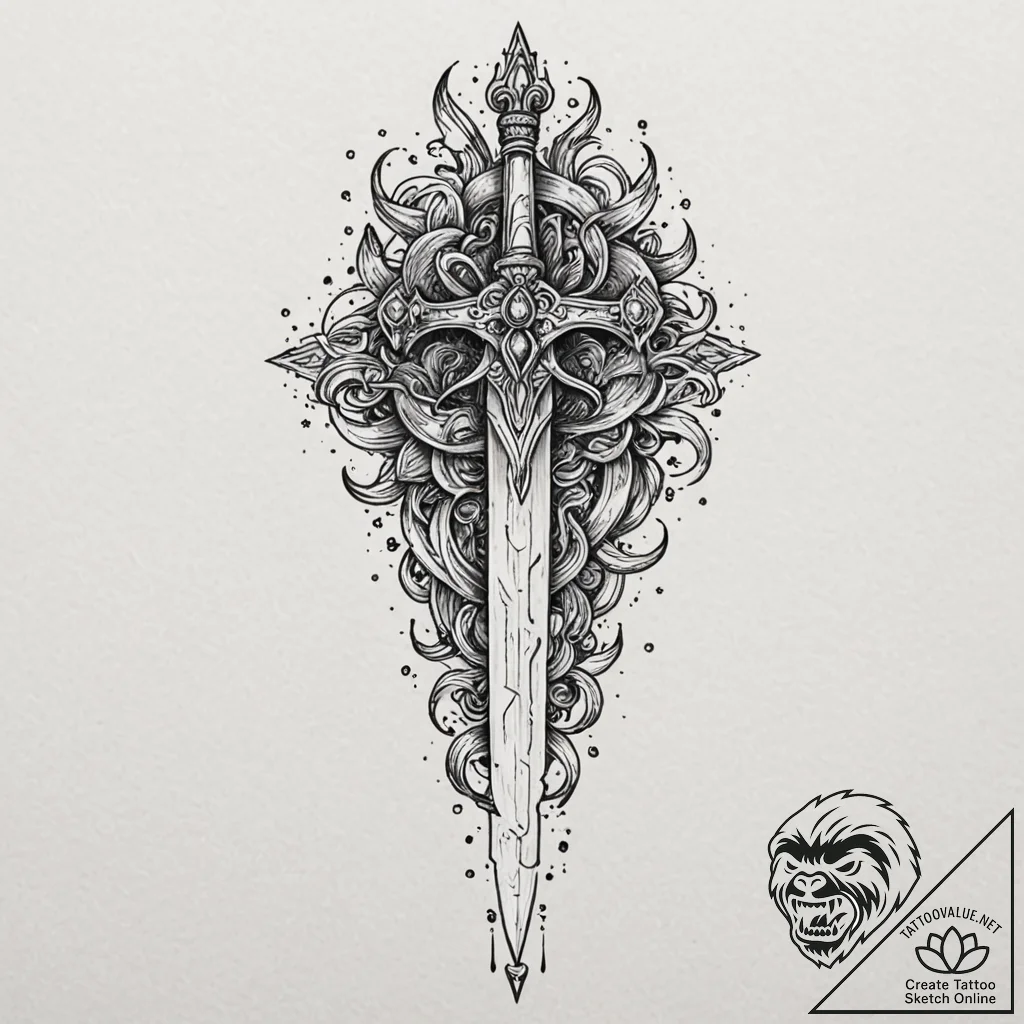 Tattoo sketch, dematerializing dagger, an orn... - tattoo sketch (№1752479125_0, 14.07.2025 07:45) — tattoovalue.net