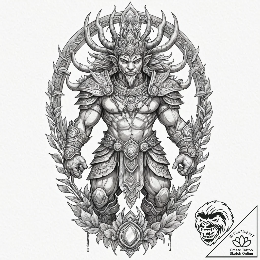 Tattoo sketch, yaksha guardian, digital armor... - tattoo sketch (№1752480131_0, 14.07.2025 08:02) — tattoovalue.net
