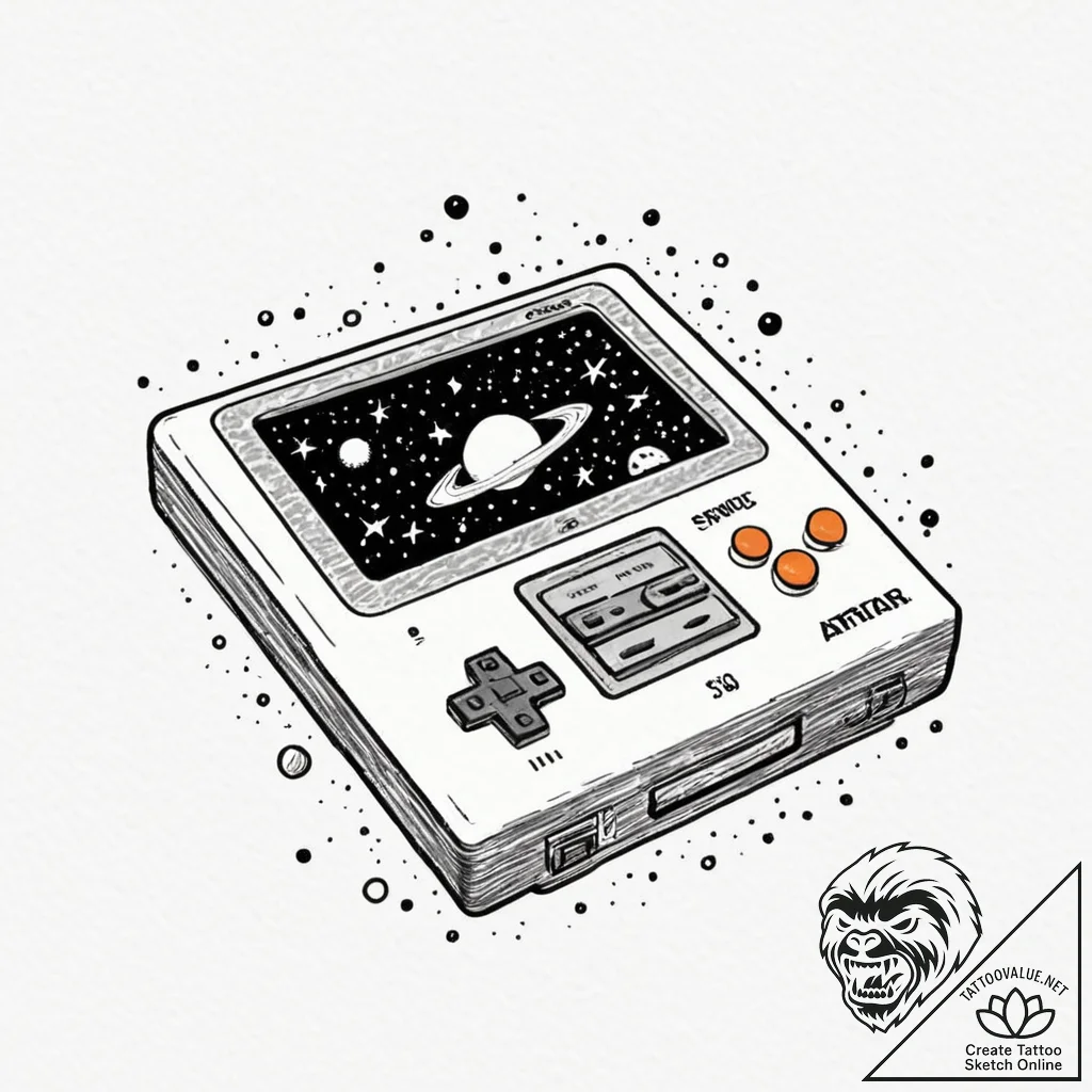 Tattoo sketch, retro console, cosmic cartridg... - tattoo sketch (№1752480799_0, 14.07.2025 08:13) — tattoovalue.net
