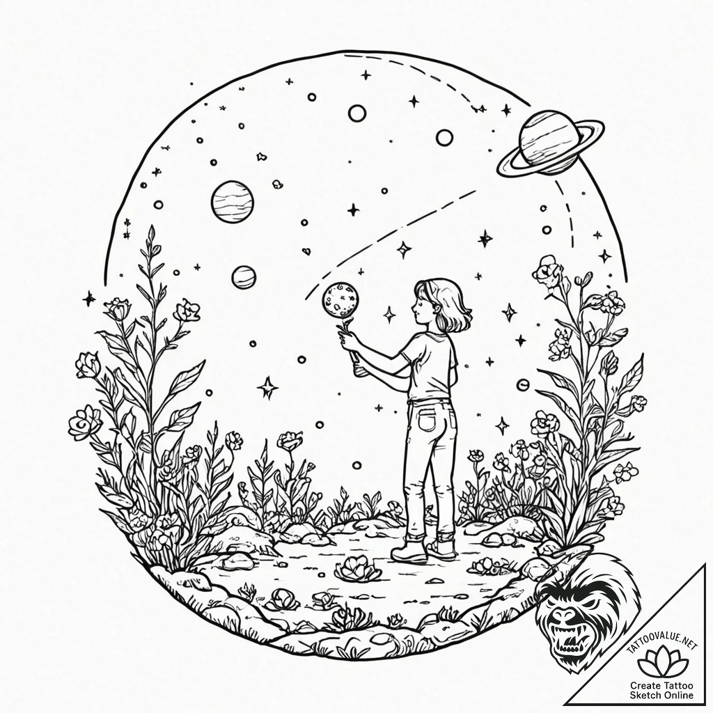 Tattoo sketch, galactic gardener, a serene fi... - tattoo sketch (№1752481133_0, 14.07.2025 08:18) — tattoovalue.net