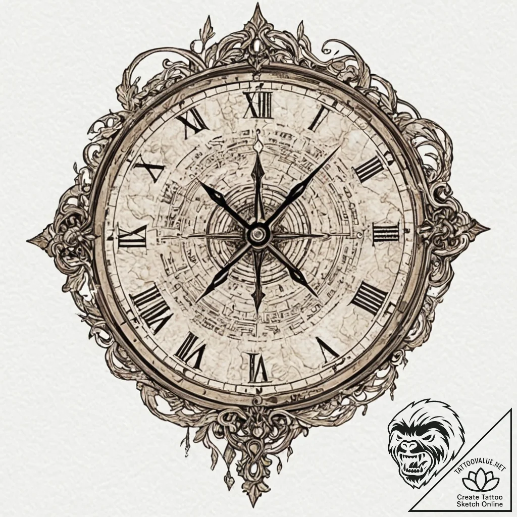Tattoo sketch, timekeeper's torn map, an anci... - tattoo sketch (№1752481972_0, 14.07.2025 08:32) — tattoovalue.net