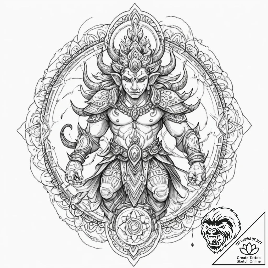 Tattoo sketch, yaksha guardian, digital armor... - tattoo sketch (№1752483661_0, 14.07.2025 09:01) — tattoovalue.net