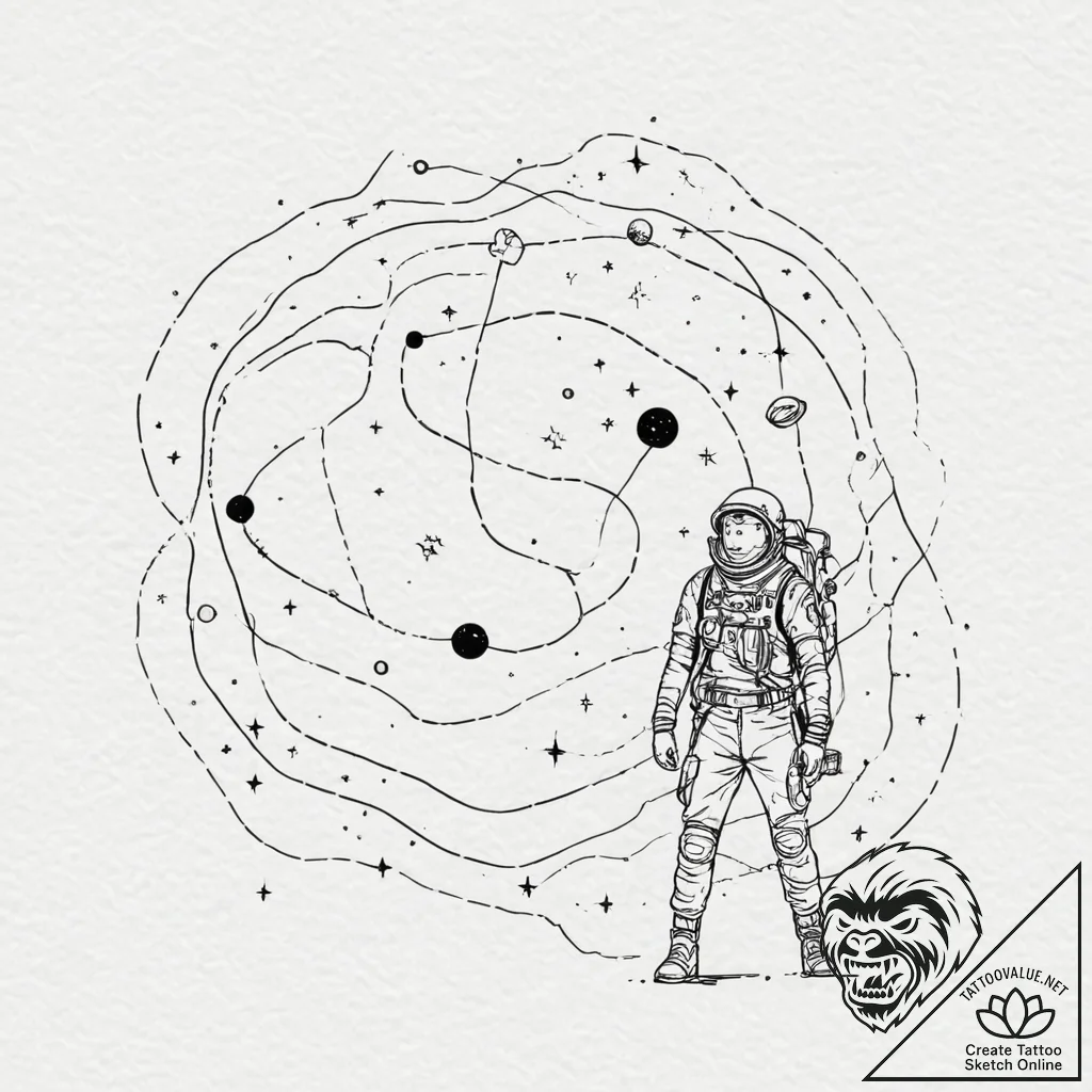 Tattoo sketch, exhausted explorer, cosmic map... - tattoo sketch (№1752483910_0, 14.07.2025 09:05) — tattoovalue.net