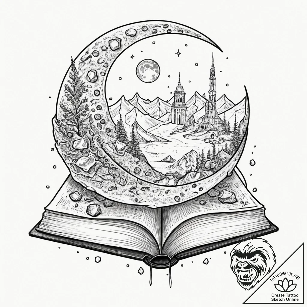 Tattoo sketch, lunar library, a vast, ancient... - tattoo sketch (№1752486932_0, 14.07.2025 09:55) — tattoovalue.net