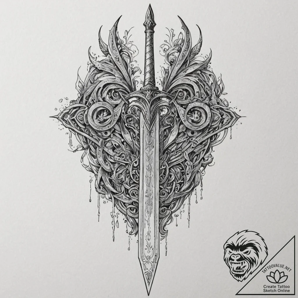 Tattoo sketch, warrior's blade, code-etched,... - tattoo sketch (№1752487185_0, 14.07.2025 09:59) — tattoovalue.net