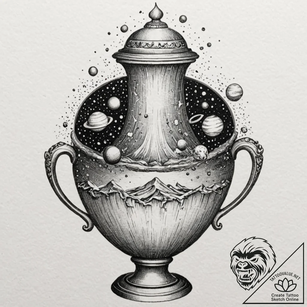 Tattoo sketch, quantum universe in a urn, an... - tattoo sketch (№1752487686_0, 14.07.2025 10:08) — tattoovalue.net