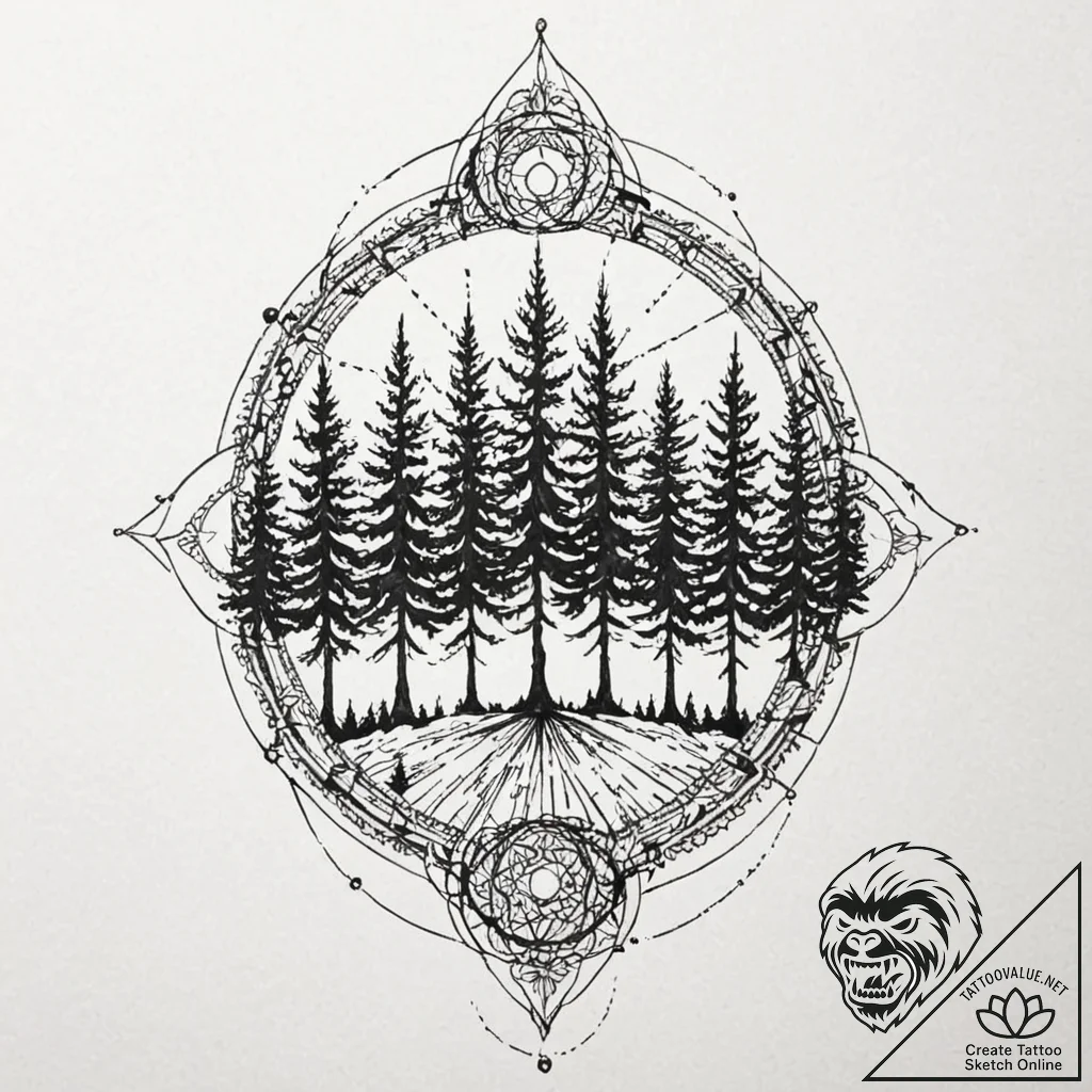 Tattoo sketch, pixelated pine forest, a seren... - tattoo sketch (№1752488023_0, 14.07.2025 10:13) — tattoovalue.net