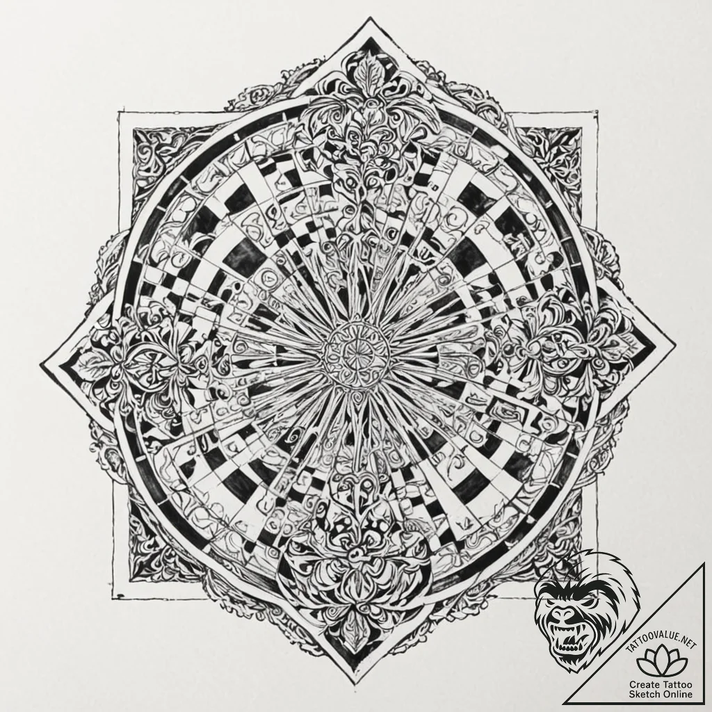 Tattoo sketch, red queen's chessboard (algori... - tattoo sketch (№1752488804_0, 14.07.2025 10:26) — tattoovalue.net