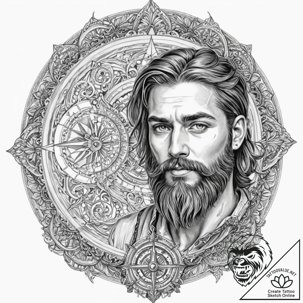Tattoo sketch, bearded man with a compass tat... - tattoo sketch (№1752488889_0, 14.07.2025 10:28) — tattoovalue.net