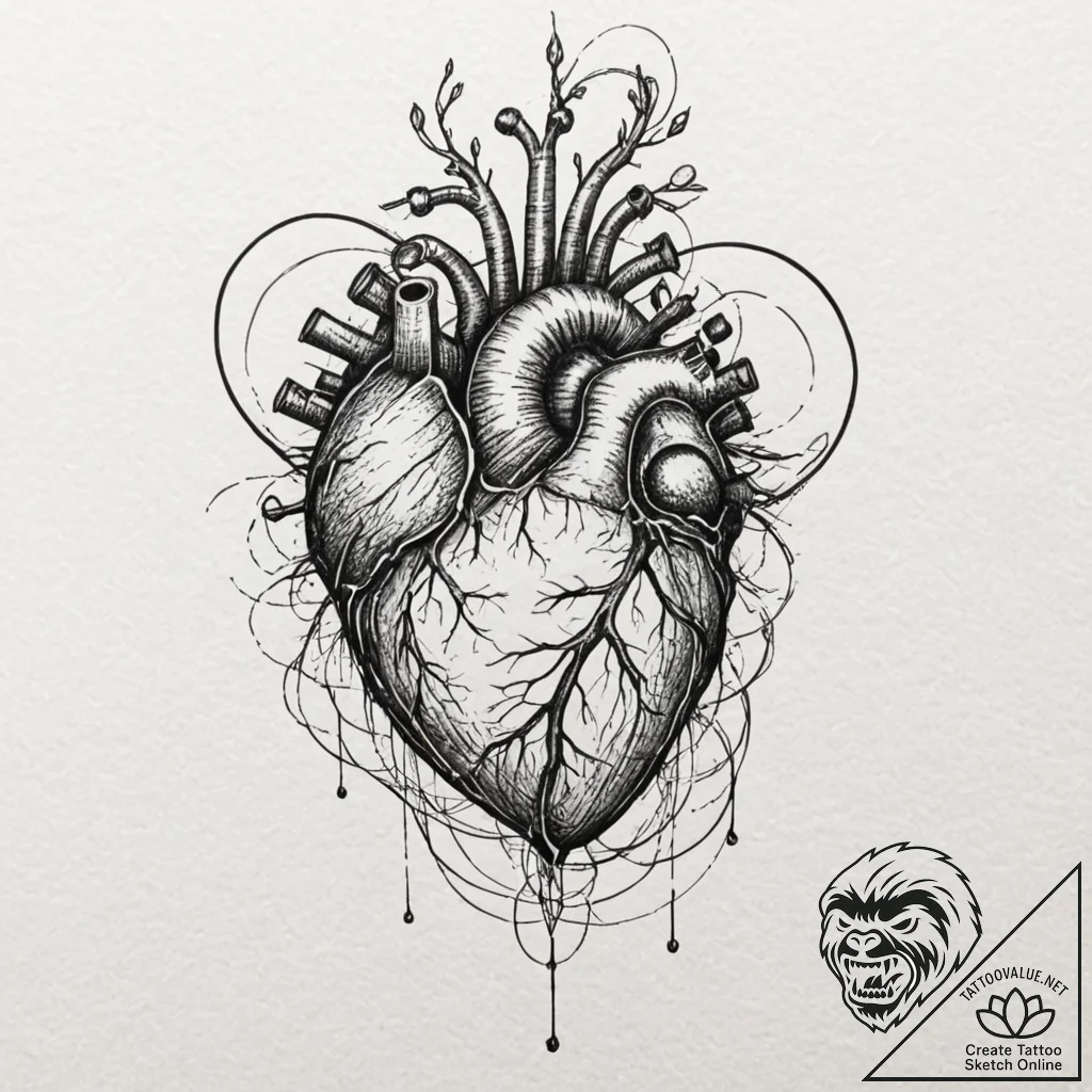 Tattoo sketch, networked heart of humanity, a... - tattoo sketch (№1752489140_0, 14.07.2025 10:32) — tattoovalue.net