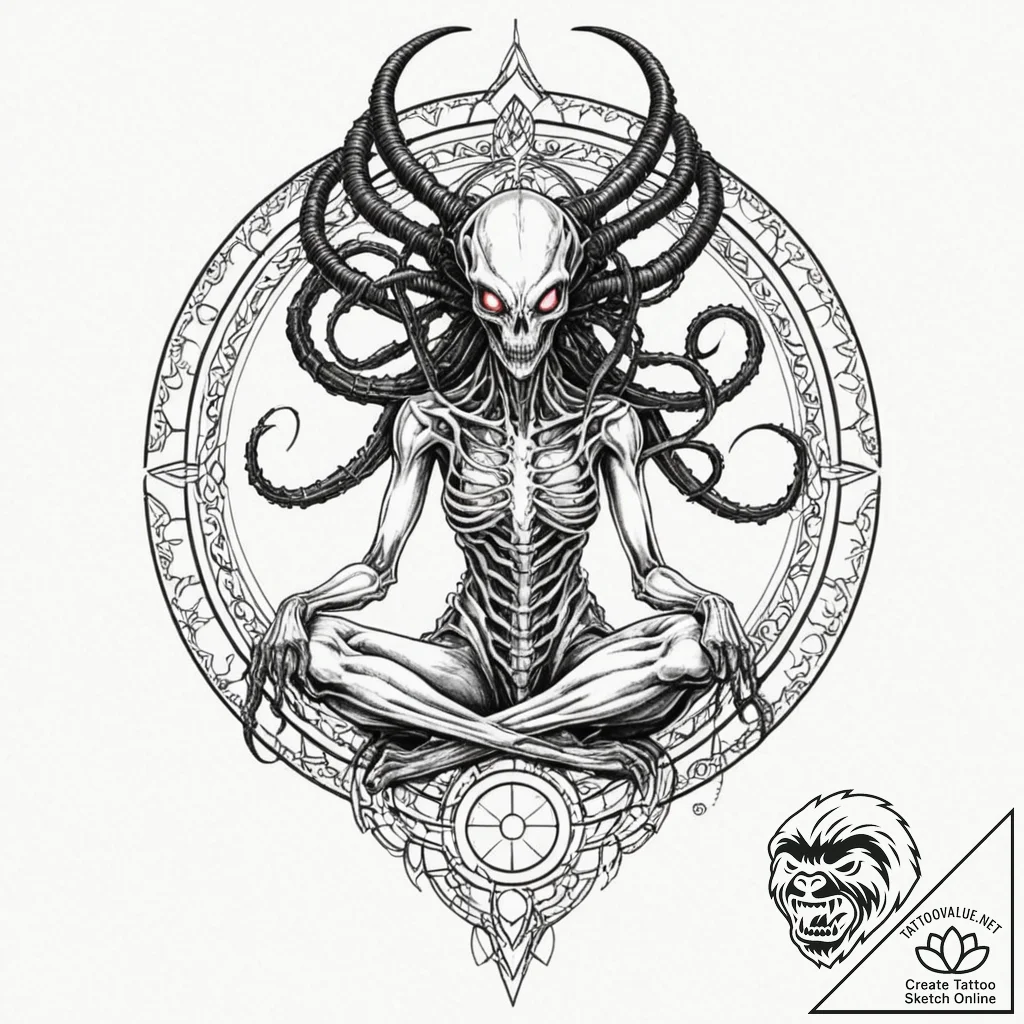 Xenomorph queen on a throne of twisted metal... - tattoo sketch (№1752490644_0, 14.07.2025 10:57) — tattoovalue.net