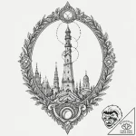 Mirror serpent beneath shattered spire, tatto… – tattoo sketch (№1752490810_0, 14.07.2025 11:00) — tattoovalue.net