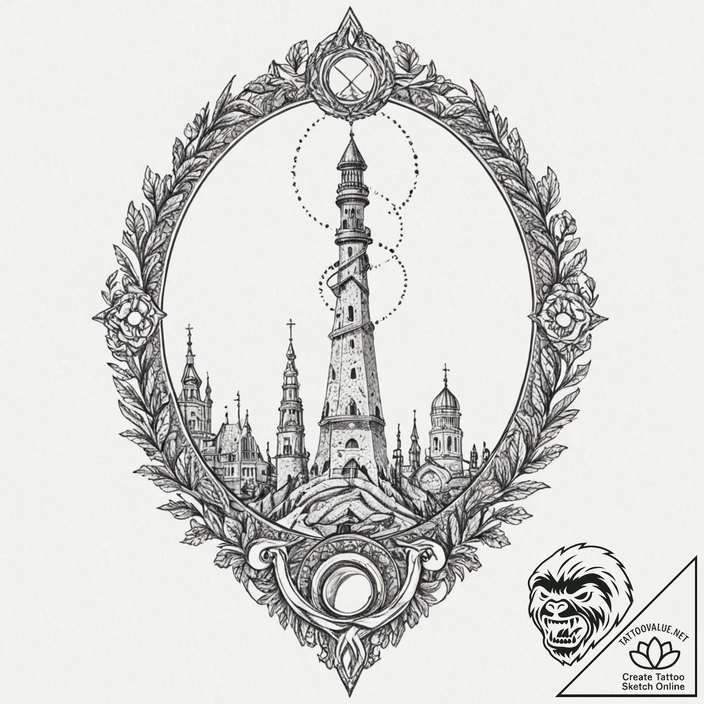 Mirror serpent beneath shattered spire, tatto... - tattoo sketch (№1752490810_0, 14.07.2025 11:00) — tattoovalue.net