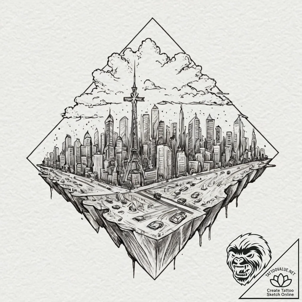 Anime eye reflecting a neon city skyline, art... - tattoo sketch (№1752491482_0, 14.07.2025 11:11) — tattoovalue.net