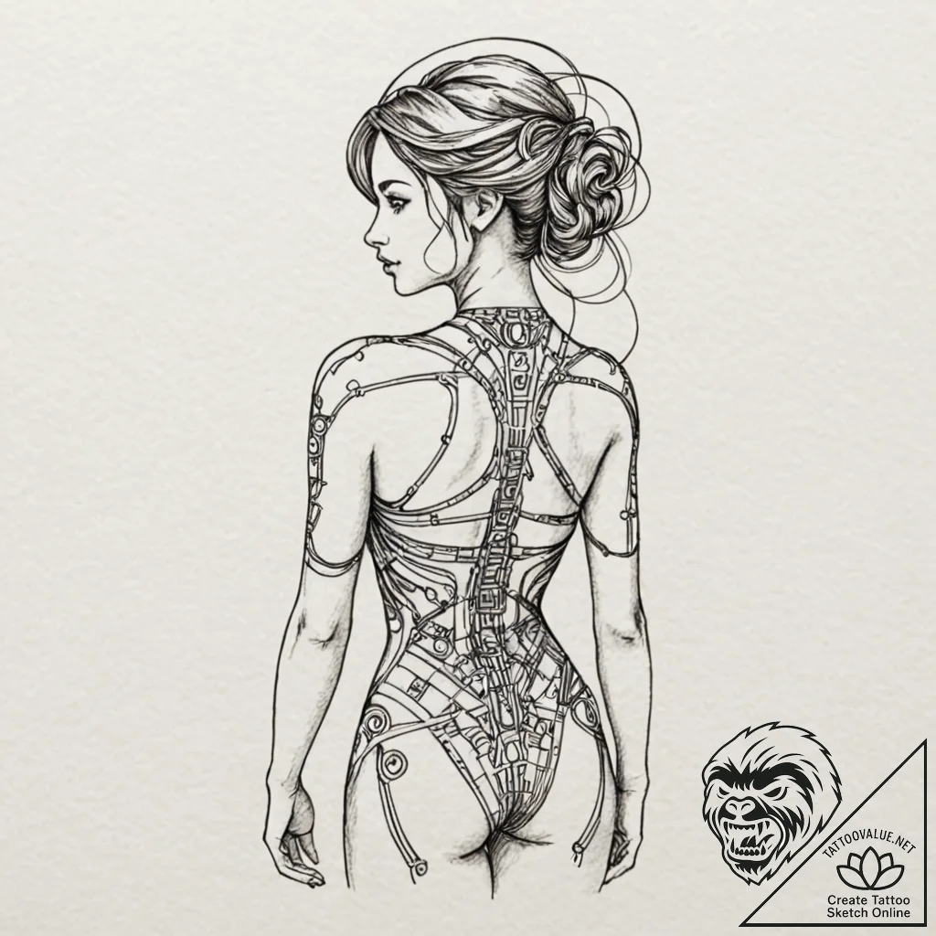 Circuit board pattern on a human back, tattoo... - tattoo sketch (№1752491774_0, 14.07.2025 11:16) — tattoovalue.net