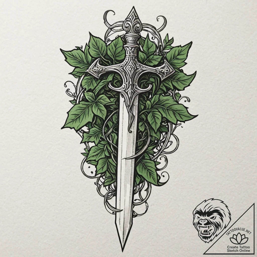 Silver dagger wrapped in ivy, tattoo flash sh... - tattoo sketch (№1752491858_0, 14.07.2025 11:17) — tattoovalue.net