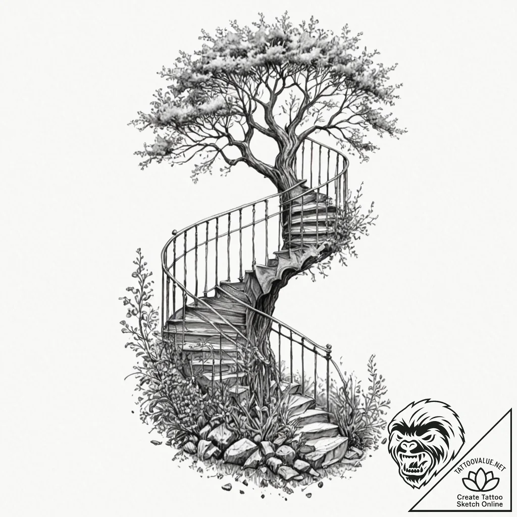 Hollow tree with a spiral staircase inside, a... - tattoo sketch (№1752492524_0, 14.07.2025 11:28) — tattoovalue.net