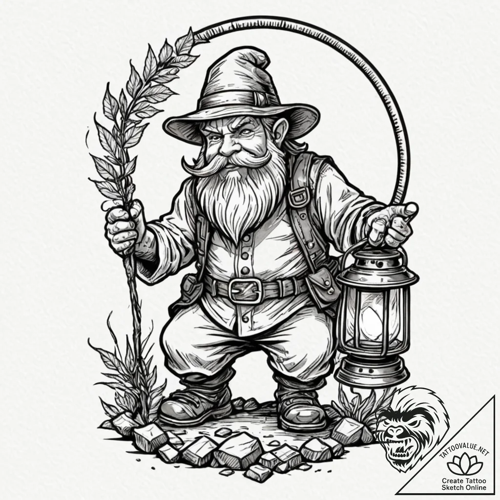 Dwarf miner with a lantern, tattoo flash shee... - tattoo sketch (№1752493530_0, 14.07.2025 11:45) — tattoovalue.net