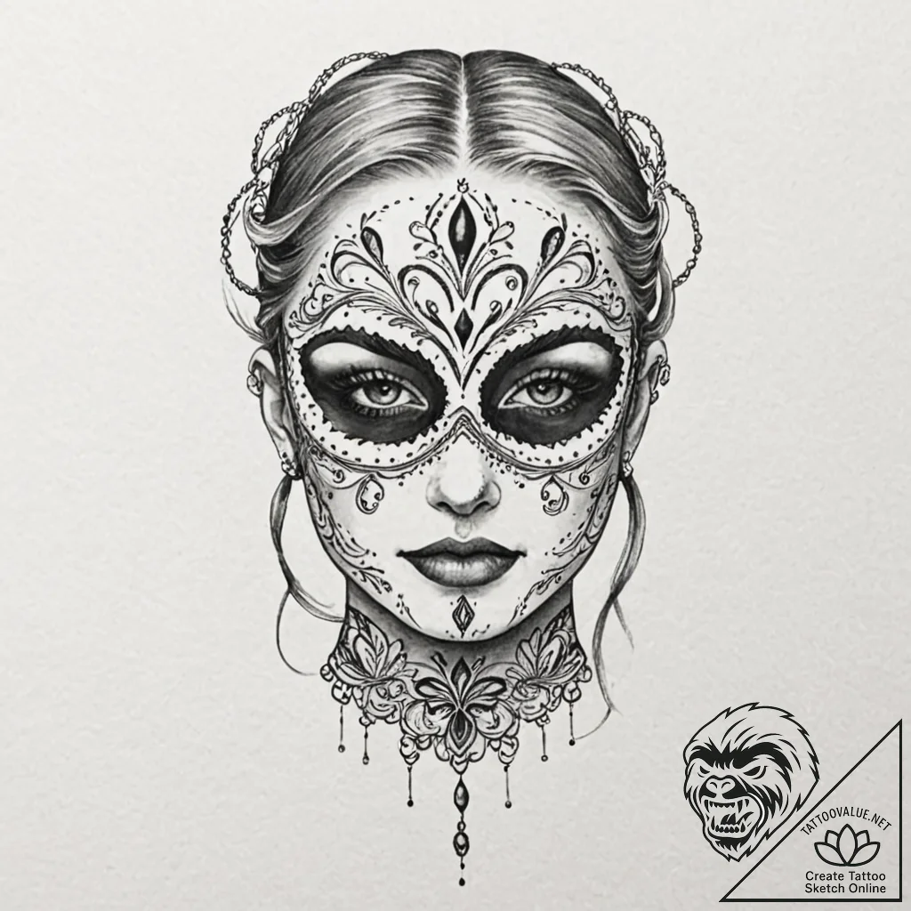 Black mask cracked down the middle, tattoo dr... - tattoo sketch (№1752493858_0, 14.07.2025 11:50) — tattoovalue.net