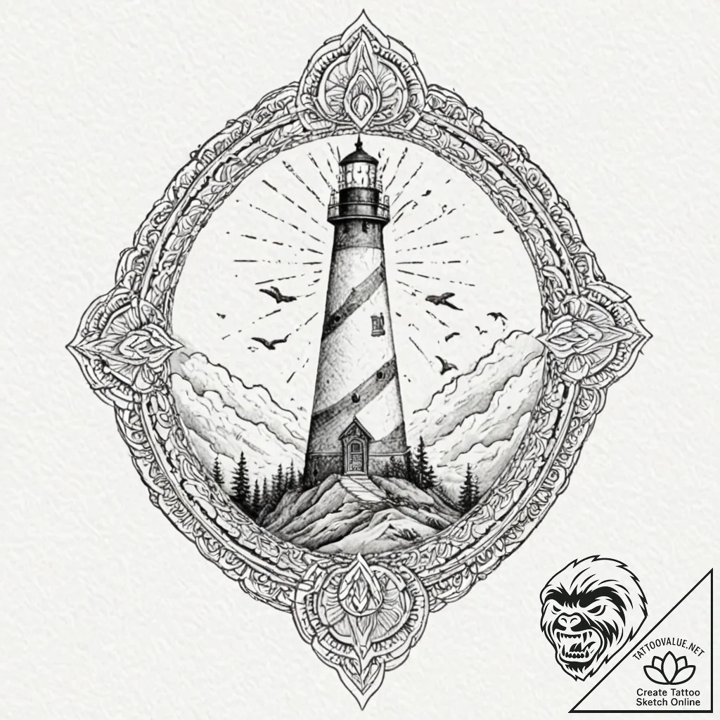 Lighthouse wrapped in ghostly fog, artistic t... - tattoo sketch (№1752494423_0, 14.07.2025 12:00) — tattoovalue.net