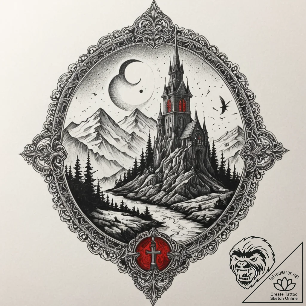Ghost relic beneath spectral spire, artistic... - tattoo sketch (№1752495075_0, 14.07.2025 12:11) — tattoovalue.net