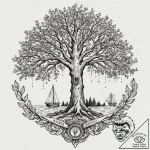 Gilded relic beneath spectral tree, ink illus… – tattoo sketch (№1752495159_0, 14.07.2025 12:12) — tattoovalue.net