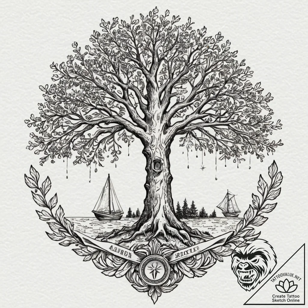 Gilded relic beneath spectral tree, ink illus... - tattoo sketch (№1752495159_0, 14.07.2025 12:12) — tattoovalue.net