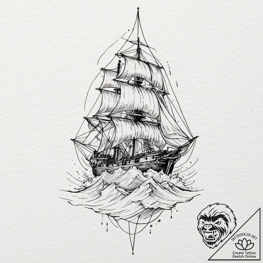 Frigate, concept art for tattoo, minimalist a... - tattoo sketch (№1752495326_0, 14.07.2025 12:15) — tattoovalue.net
