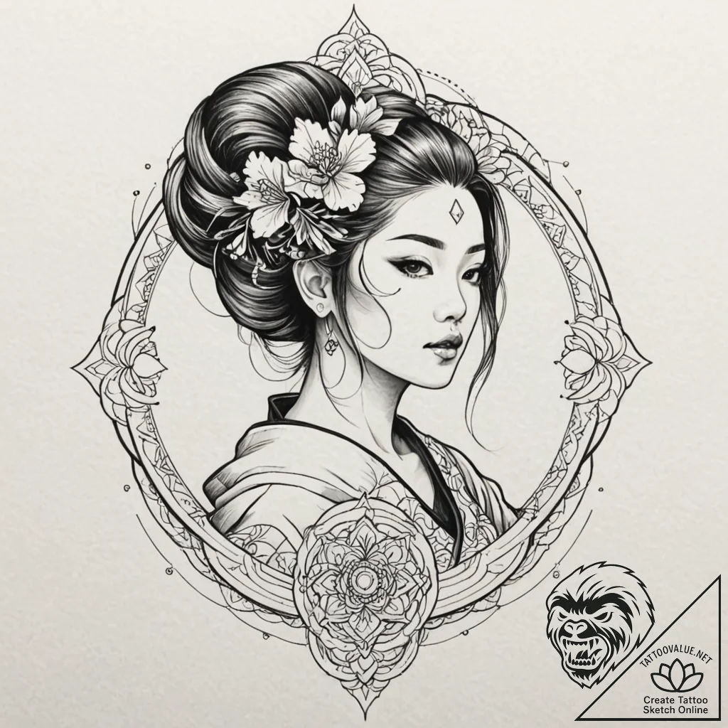 Cyborg geisha, tattoo drawing outline, styliz... - tattoo sketch (№1752496080_0, 14.07.2025 12:28) — tattoovalue.net