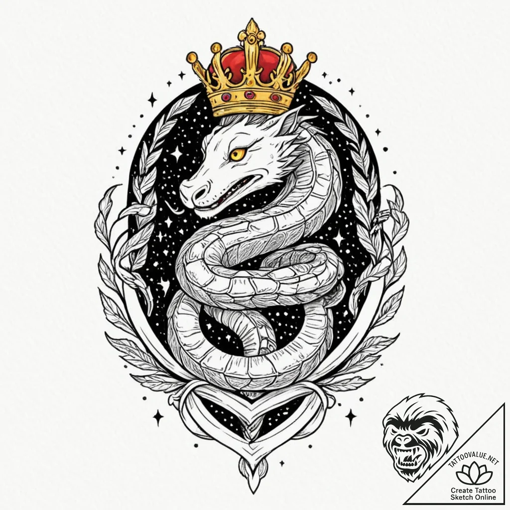 Night serpent crowned in starlight, ink illus... - tattoo sketch (№1752496579_0, 14.07.2025 12:36) — tattoovalue.net
