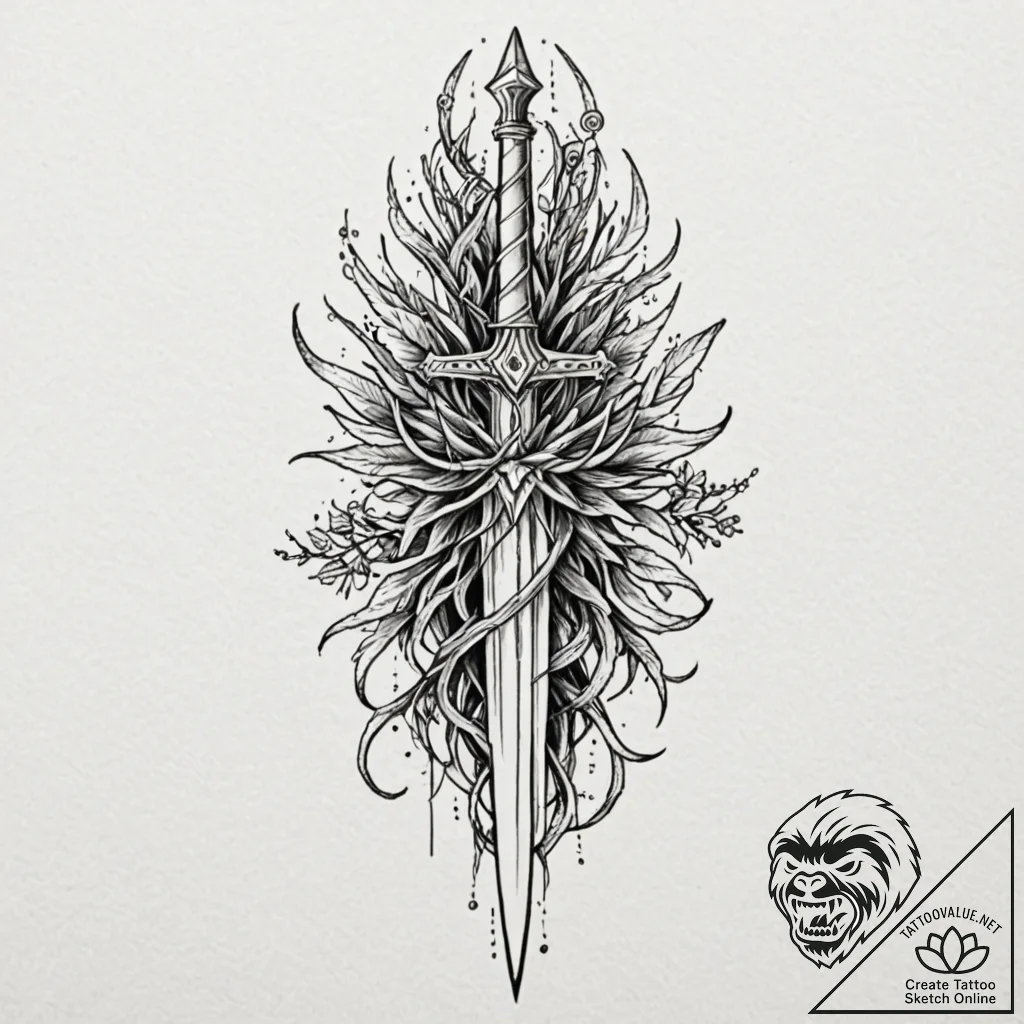Hallowed dagger crowned with roots, tattoo fl... - tattoo sketch (№1752496996_0, 14.07.2025 12:43) — tattoovalue.net
