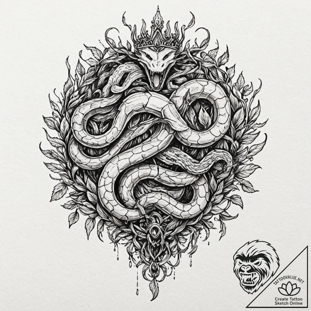 Nest of serpents devouring crown, tattoo sket... - tattoo sketch (№1752497081_0, 14.07.2025 12:44) — tattoovalue.net