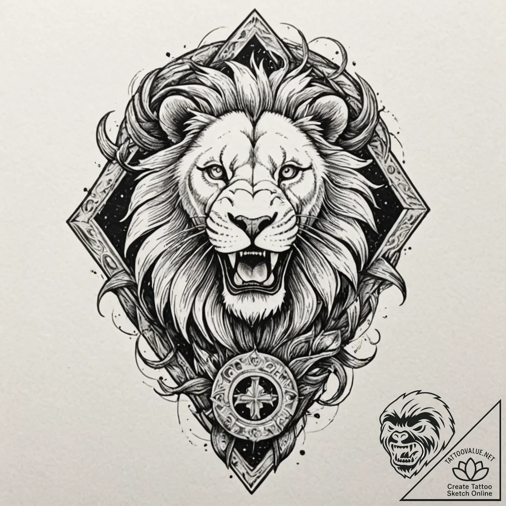 Ashen lion breaking ancient seal, tattoo line... - tattoo sketch (№1752497249_0, 14.07.2025 12:47) — tattoovalue.net