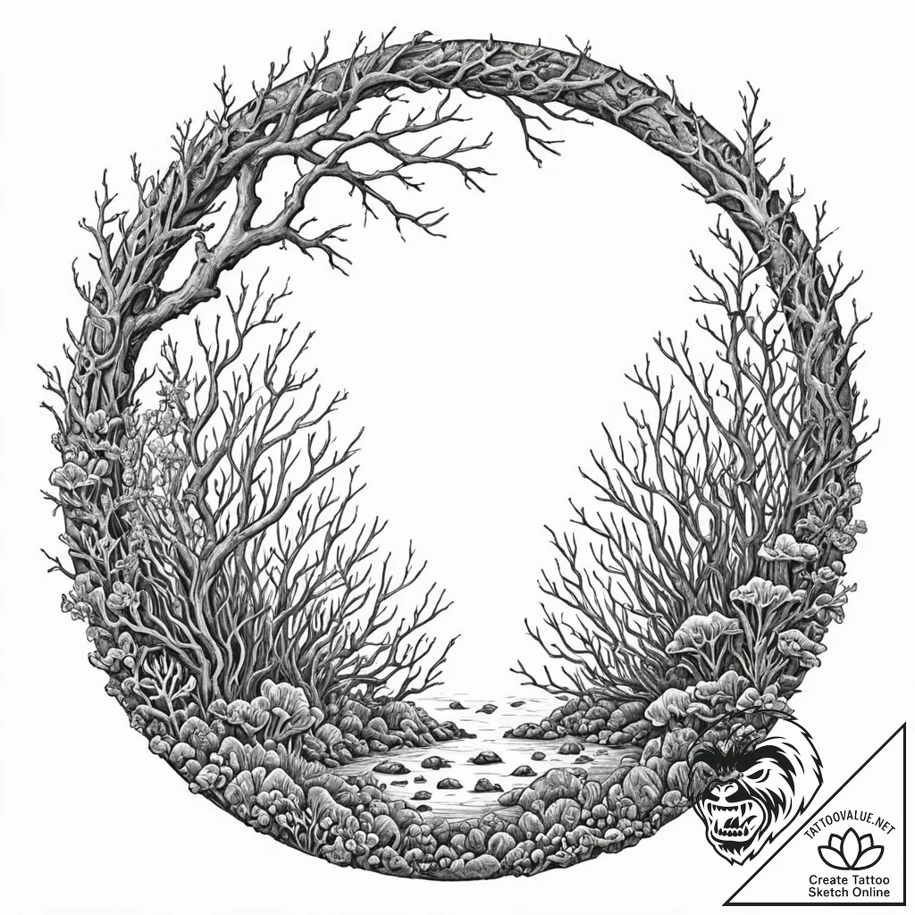 Sunken wheel beneath coral forest, artistic t... - tattoo sketch (№1752497755_0, 14.07.2025 12:55) — tattoovalue.net