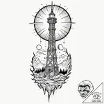 Tower crumbling beneath eclipsed sun, tattoo… – tattoo sketch (№1752498094_0, 14.07.2025 13:01) — tattoovalue.net