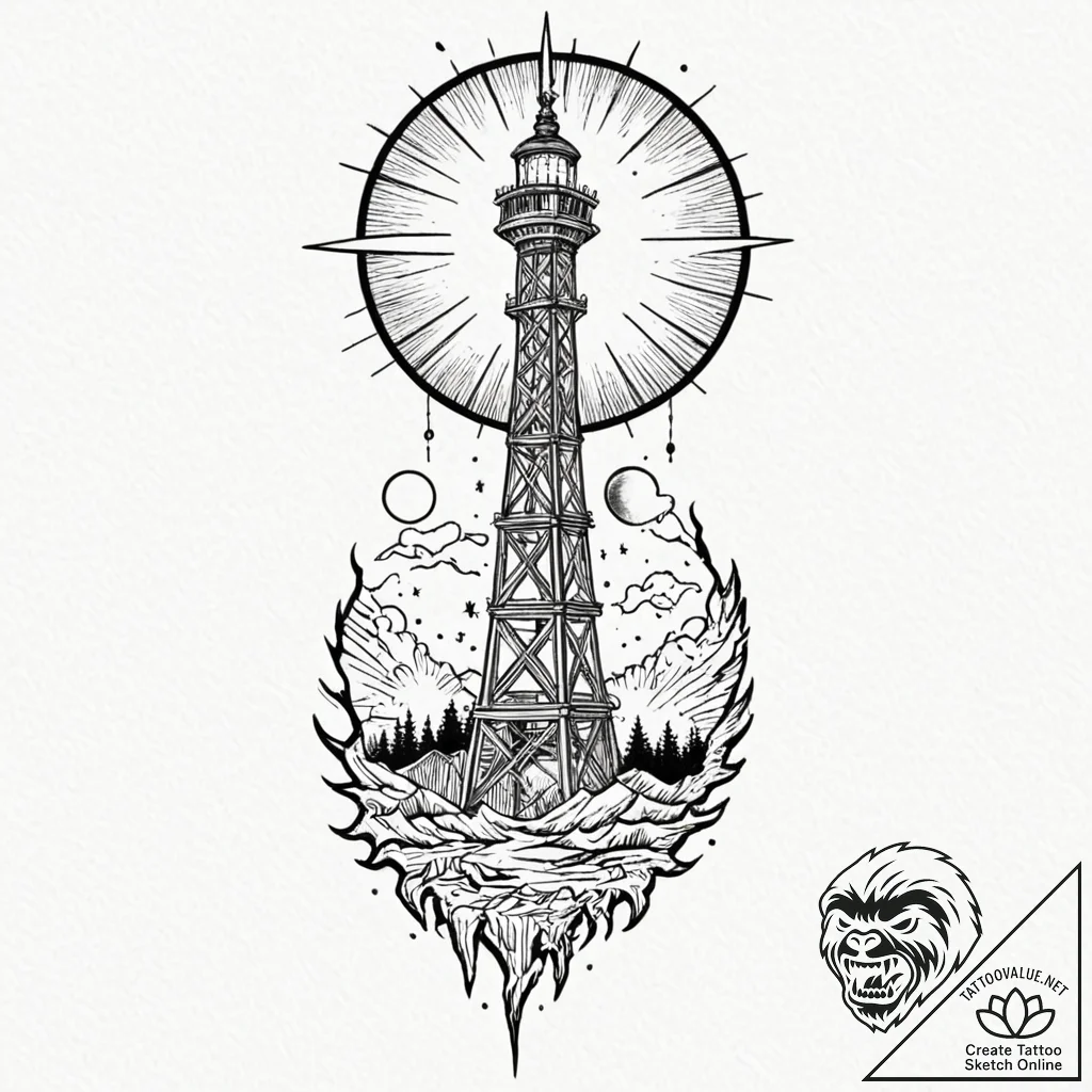 Tower crumbling beneath eclipsed sun, tattoo... - tattoo sketch (№1752498094_0, 14.07.2025 13:01) — tattoovalue.net