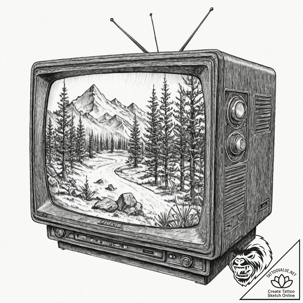 Old crt television displaying only static, wi... - tattoo sketch (№1752498351_0, 14.07.2025 13:05) — tattoovalue.net