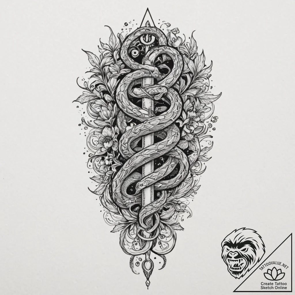 Serpent dagger crowned in stars, artistic tat... - tattoo sketch (№1752499035_0, 14.07.2025 13:17) — tattoovalue.net