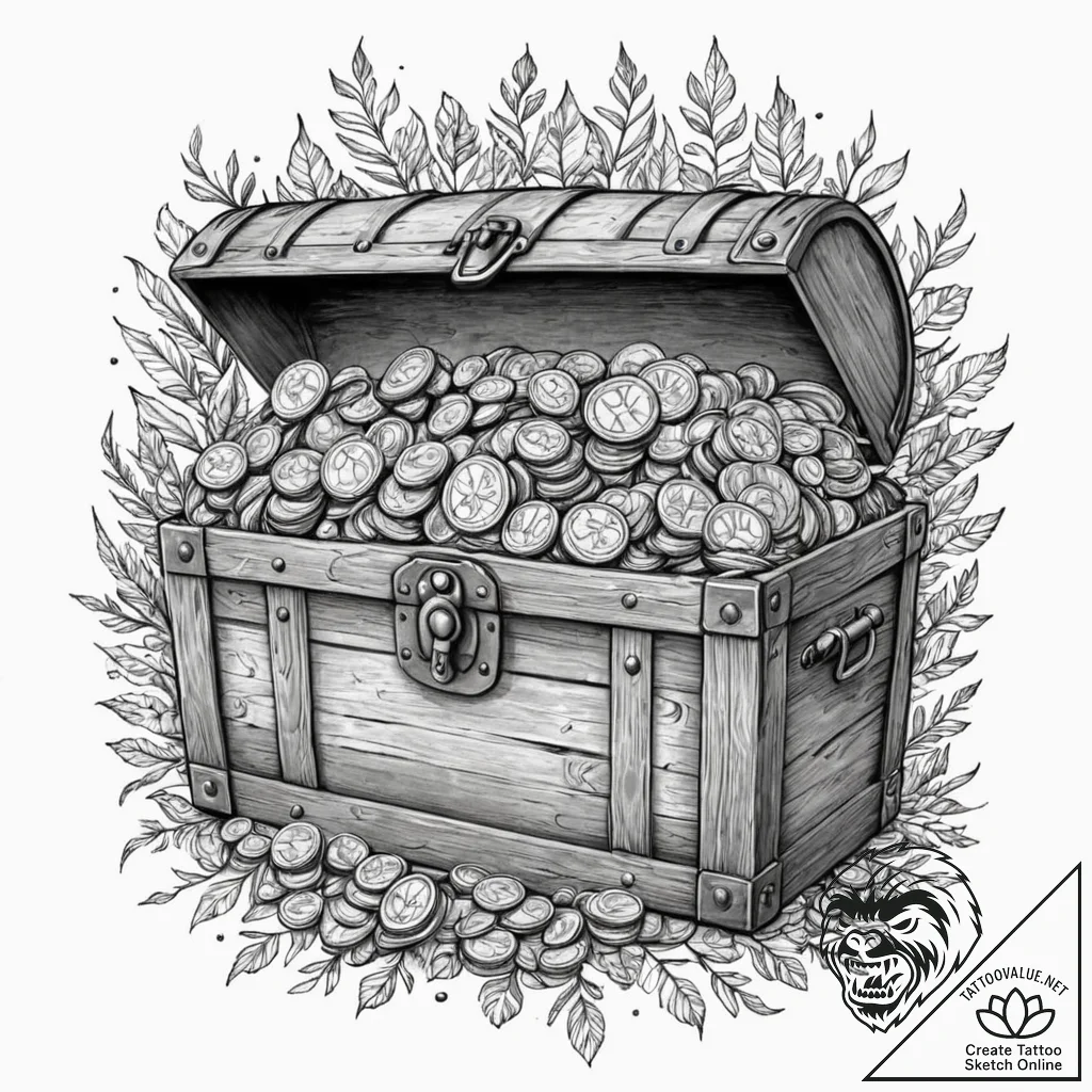 A detailed barrel full of coins, treasure che... - tattoo sketch (№1752499122_0, 14.07.2025 13:18) — tattoovalue.net