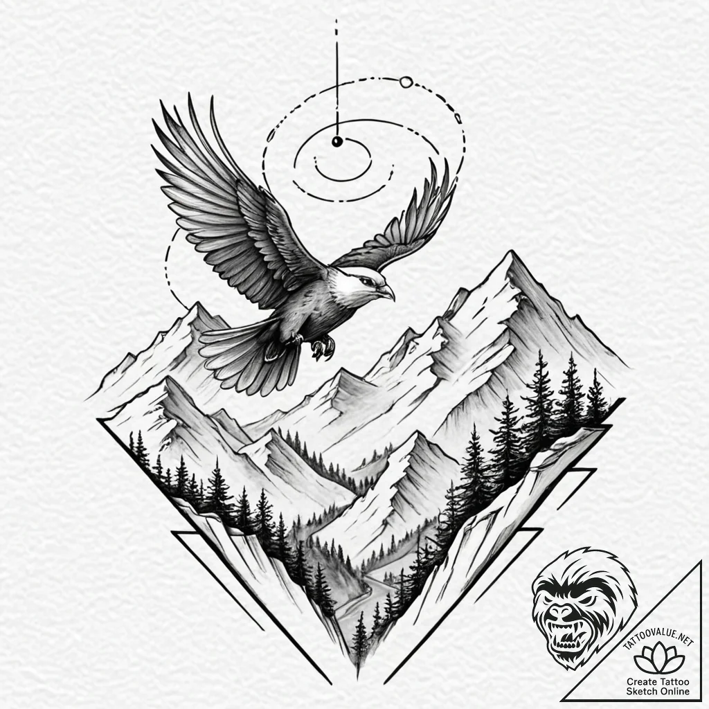 A whimsical bird flying over mountains, freed... - tattoo sketch (№1752499633_0, 14.07.2025 13:27) — tattoovalue.net