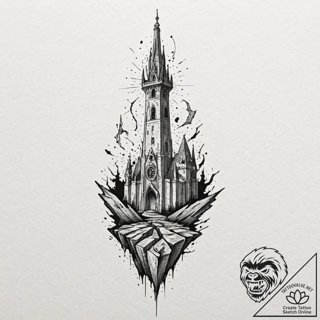 Hidden blade beneath shattered spire, tattoo... - tattoo sketch (№1752499719_0, 14.07.2025 13:28) — tattoovalue.net