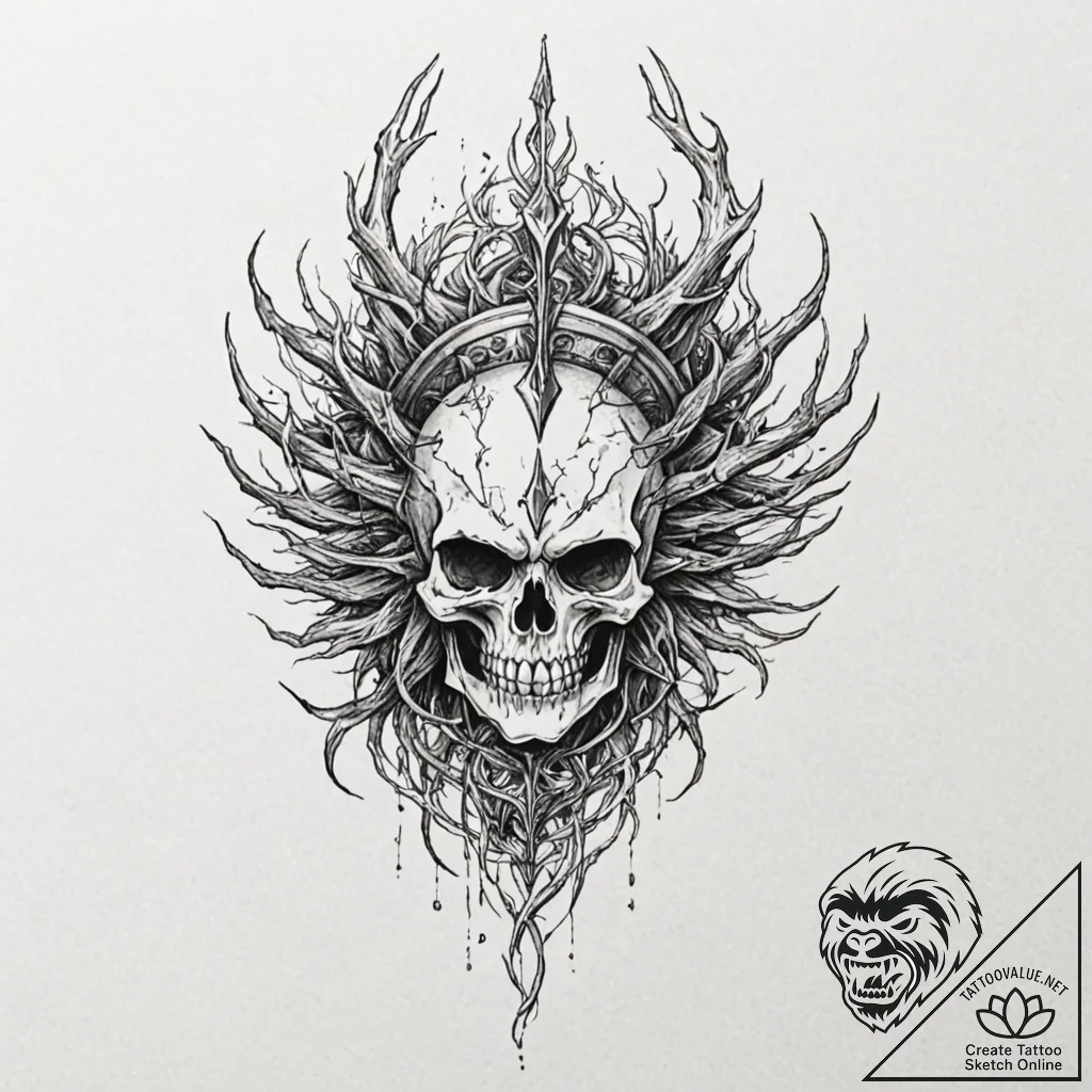 Ethereal roots piercing shattered helm, conce... - tattoo sketch (№1752499803_0, 14.07.2025 13:30) — tattoovalue.net