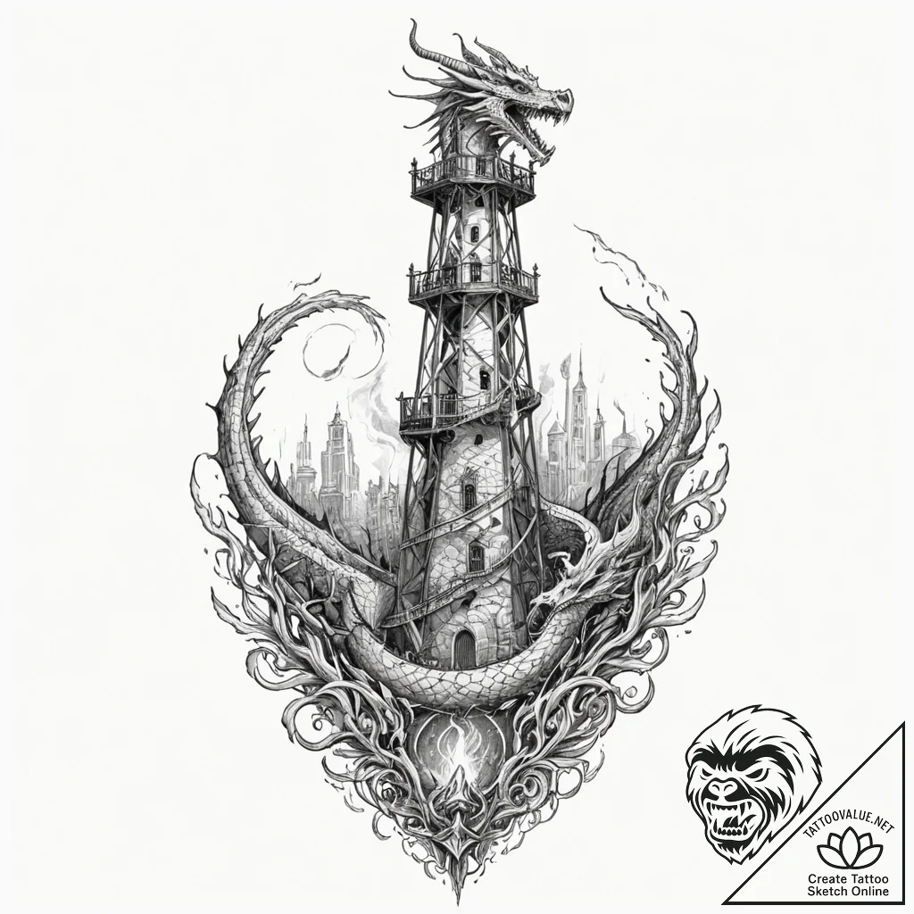Dragon flame circling tower, concept art for... - tattoo sketch (№1752499887_0, 14.07.2025 13:31) — tattoovalue.net