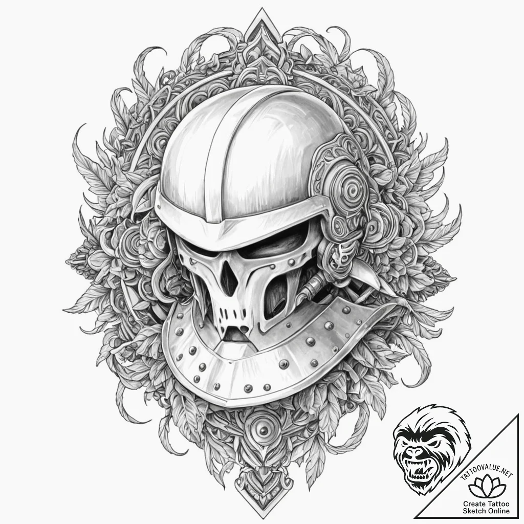 A detailed battle helmet with ancient symbols... - tattoo sketch (№1752500144_0, 14.07.2025 13:35) — tattoovalue.net