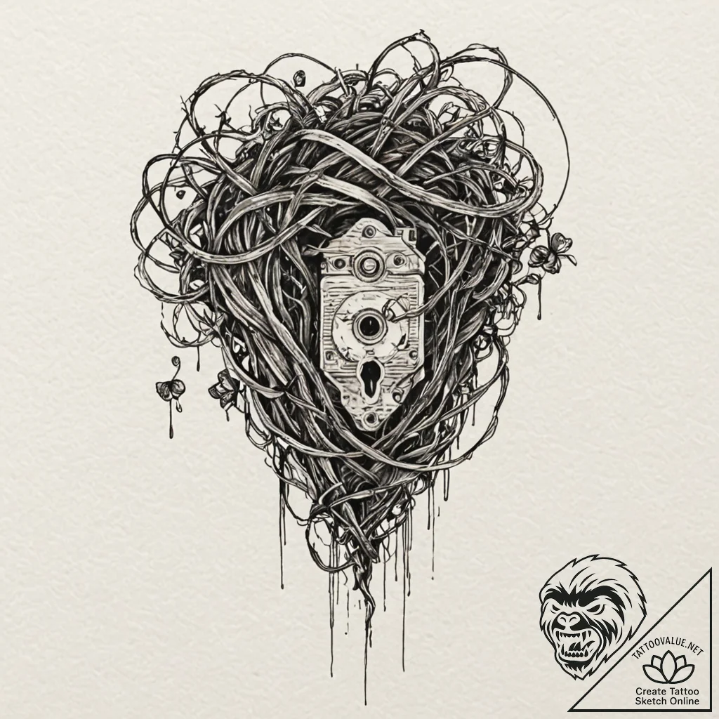 Locked vines strangling relic, ink illustrati... - tattoo sketch (№1752500967_0, 14.07.2025 13:49) — tattoovalue.net