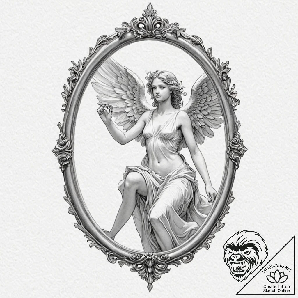 Animated angel trapped in mirror, concept art... - tattoo sketch (№1752501546_0, 14.07.2025 13:59) — tattoovalue.net