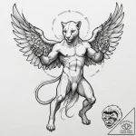 Angel panther in battle stance, tattoo flash… – tattoo sketch (№1752502058_0, 14.07.2025 14:07) — tattoovalue.net